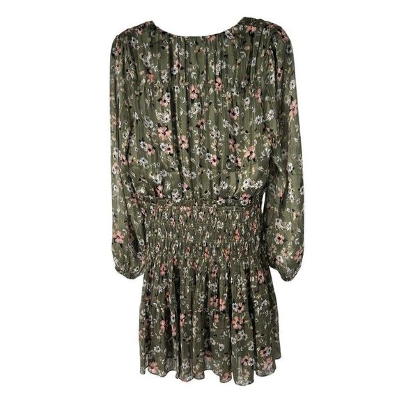 Current Air Green‎ Floral Long Sleeve Smocked Waist V Neck Dress Sz M - Picture 2 of 9